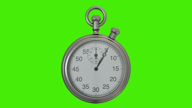 Realistic stopwatch with moving arms measures one minute on green screen