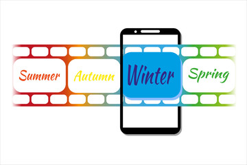 Vector illustration of film for photos with text - autumn, winter, spring, summer. Colored film with frame in phone screen. Stories frame template, for social networks, advertising, seasonal sales.