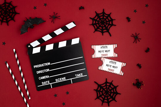 Movie Clapperboard And Halloween Decoration. Horror Movie Night, Halloween Party Invitation