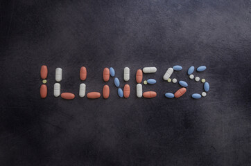 Pills lettering- napis z tabletek- illness - obrazy, fototapety, plakaty
