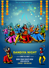 Vector design of Indian couple playing Garba in Dandiya Night  in disco  poster forNavratri Dussehra festival of India Invitation Card Background.