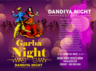 Vector design of Indian couple playing Garba in Dandiya Night  in disco  poster forNavratri Dussehra festival of India Invitation Card Background.