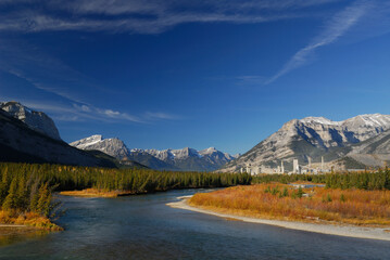 Bow River and Three Sisters Mountains at Exshaw cement plant