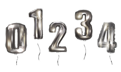 Silver balloon numbe, realistic 3d air balloons