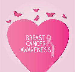 breast cancer awareness design with big pink heart and butterflies