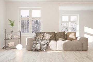 White living room with sofa and winter landscape in window. Scandinavian interior design. 3D illustration