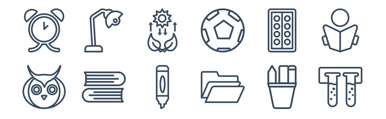 12 pack of icons. thin outline icons such as test tubes, folder, books, watercolor, photosynthesis, desk lamp for web and mobile apps, logo