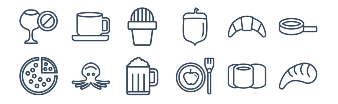 12 pack of icons. thin outline icons such as mussel, healthy food, sea life, french, mexican, cafe bar for web and mobile apps, logo
