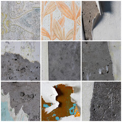 Set of textures of old torn paper wallpaper. Tattered scraps of paper on a concrete walls. Vintage backgrounds collection for design.