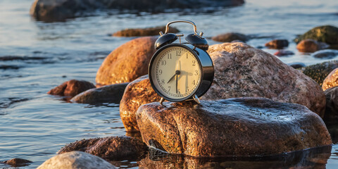 A clock that symbolizes the golden age of photography established by the Swedish Baltic Sea during sunset when summer becomes autumn, and some countries will soon turn to winter time.