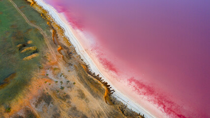 Top view of the salt-covered shore of Pink Lake. © CreativeSuburb