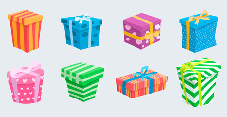 Vector illustration set of cute gifts of different shapes and colors. Boxes with bows of bright colors. Cartoon decorations for the festive background.