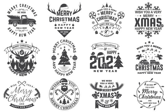 Set of Merry Christmas and Happy New Year stamp, sticker set with snowflakes, hanging christmas ball, santa hat, candy.
