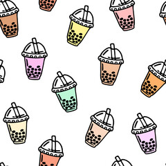 Vector seamless pattern with bubble tea in plastic cups with straw. Popular drink with tapioca pearls.