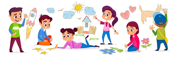 Children drawing doodles on the floor and on the wall in cartoon style isolated on white background. Kindergarten concept with little boys and girls in colorful flat style. Vector illustration.