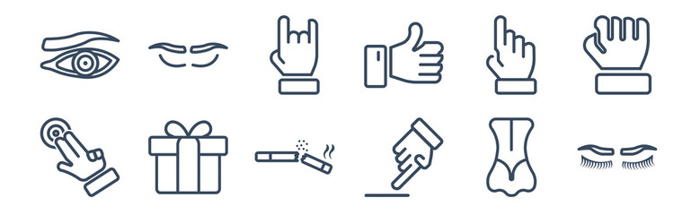 12 pack of icons. thin outline icons such as eyelash, smudge, give a gift, finger up, two fingers up, brow for web and mobile apps, logo