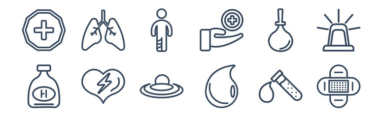 Obraz premium 12 pack of icons. thin outline icons such as band aid, blood drop, defibrillator, enema, injury, lung for web and mobile apps, logo