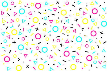 Naadloze abstracte memphis ontwerp patroon vector achtergrond. Abstracte paarse, gele, blauwe en zwarte pictogrammenbanner met geometrische vormenelementen, vectorontwerp voor advertenties, behang, banner of poster
