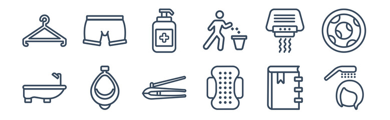 12 pack of icons. thin outline icons such as hair washing, sanitary napkin, urinal, hand dryer, antiseptic, underwear for web and mobile apps, logo