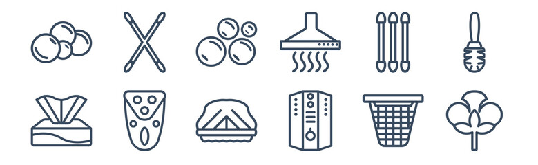 12 pack of icons. thin outline icons such as cotton, water heater, electric razor, cotton swabs, bubbles, cotton swab for web and mobile apps, logo