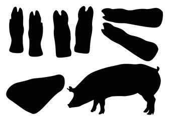 Pig hooves, pork knuckle and pig. Meat set for jelly.
