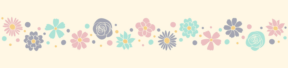 Colourful banner with hand drawn flowers. Design of panoramic header. Mother’s Day, Women’s Day and Valentine’s Day decoration. Vector