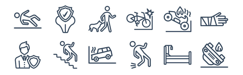 12 pack of icons. thin outline icons such as accident, fall accident, falling from stairs, motorcycle accident, bite, dental insurance for web and mobile apps, logo