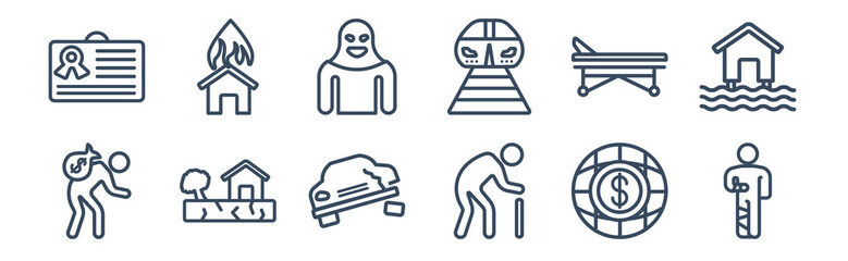 12 pack of icons. thin outline icons such as wounded, elderly, earthquake, hospital bed, terrorist, disaster for web and mobile apps, logo