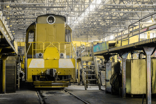 Railway transport. Diesel locomotive in depot.