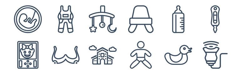 12 pack of icons. thin outline icons such as ultrasound, baby, breast, baby bottle, crib toy, overall for web and mobile apps, logo