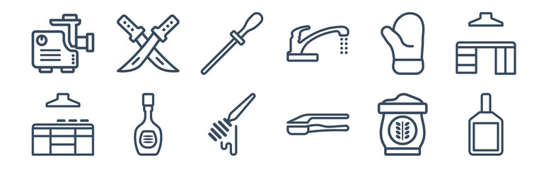 12 pack of icons. thin outline icons such as cutting board, garlic press, ketchup, kitchen mitten, knife sharpener, knives for web and mobile apps, logo