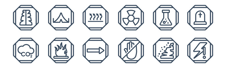 12 pack of icons. thin outline icons such as lightning warning, stop, fire warning, chemical products, heat, tent for web and mobile apps, logo © Premium Art