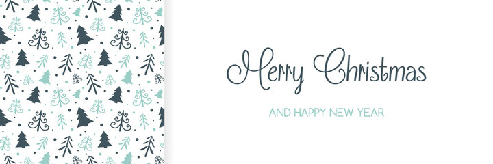 Merry Christmas and Happy New Year. Design of Christmas banner with cute trees. Vector