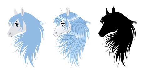 Fototapeta premium Set of cute horse with a blue hair. Silhouette of head of a unicorn.
