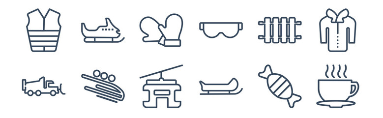 12 pack of icons. thin outline icons such as hot drink, sledge, bobsled, heater, mittens, snowmobile for web and mobile apps, logo