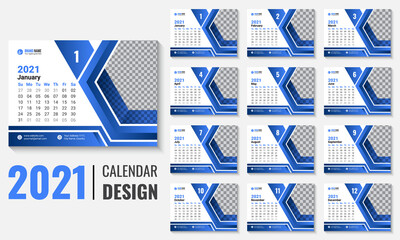 2021 Desk Calendar design vector template. 12 pages print ready vector calendar design template with place for company logo and image. Week starts on Sunday.