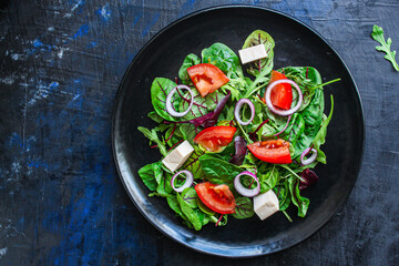 Greek salad vegetables cheese vegetarian snack on the table tasty serving size portion top view place copy space for text keto or paleo diet