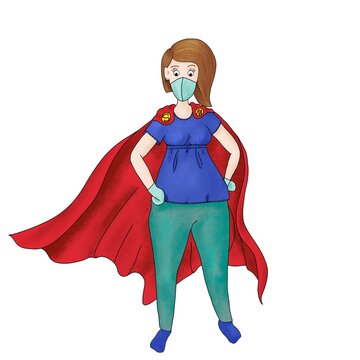Cartoon illustration of superwoman in protective face mask and gloves. Strong woman wearing red superhero cape and standing hands on hip. Caucasian white ethnicity. Digital image isolated on white