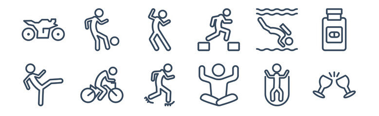 12 pack of icons. thin outline icons such as hang out, yoga, biking, diving, aerobic, freestyle for web and mobile apps, logo