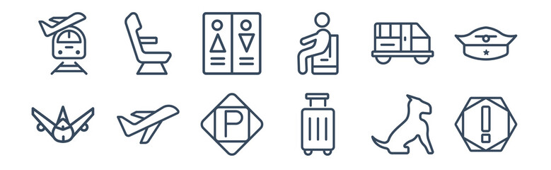 12 pack of icons. thin outline icons such as danger sing, trip luggage, departures flights, airport bus, airport toilets, airplane seat for web and mobile apps, logo
