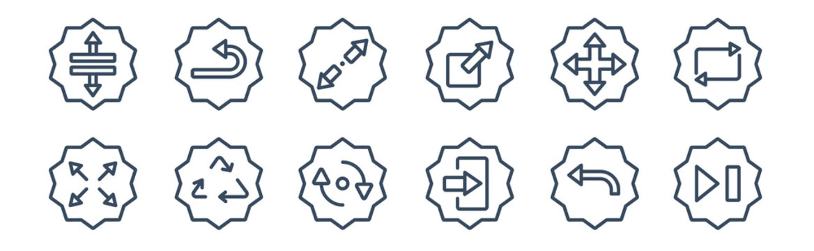 12 pack of icons. thin outline icons such as skip track, enter left, three curved arrows, zoom directions, diagonal resize, undo arrow for web and mobile apps, logo