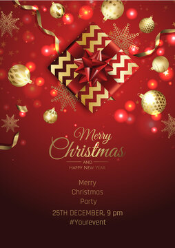 Merry christmas banner with christmas elements on red background. Vector illustration