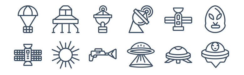 Obraz premium 12 pack of icons. thin outline icons such as alien with aqualung, little extraterrestial, big sun shining, inclined satellite, radar pointing up, space lander for web and mobile apps, logo