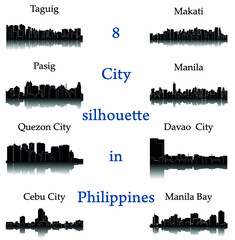 Set of 8 city silhouette in Philippines ( Quezon City, Davao City, Makati, Manila, Pasig, Taguig, Cebu, Manila Bay )