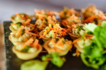 Delicate tart with minced meat Odessa style with sweet carrots and apples. Catering dishes, snacks