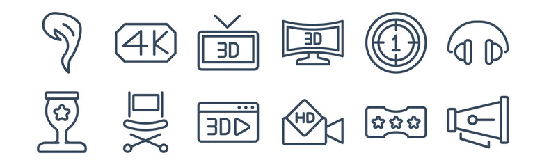 12 pack of icons. thin outline icons such as cinematographic announcer, hd video, director film chair, movie countdown, 3d movie, 4k for web and mobile apps, logo