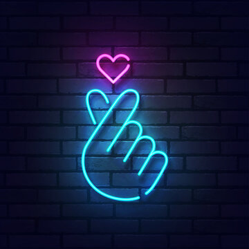 K-POP neon sign. Glowing neon light signboard of dog and cat pet house. Sign of Finger Heart with colorful neon lights isolated on brick wall. Vector illustration