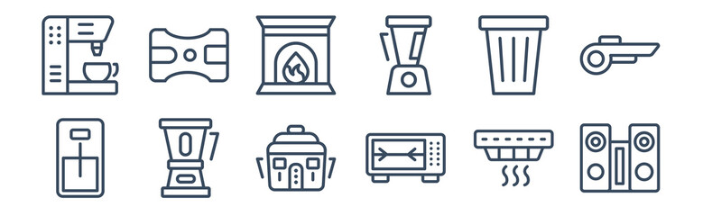 12 pack of icons. thin outline icons such as stereo, rotisserie, percolator, garbage disposal, furnace, electric pencil sharpener for web and mobile apps, logo