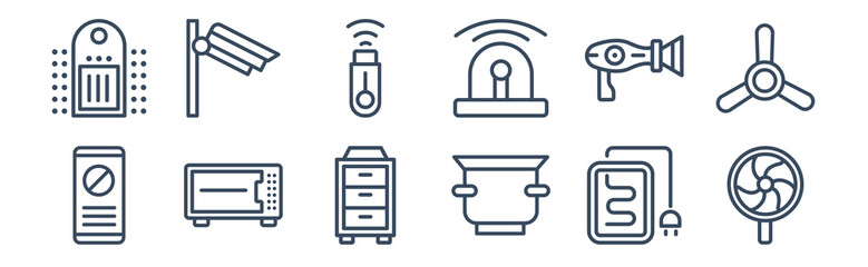 12 pack of icons. thin outline icons such as electric fan, crock-pot, convection oven, blow dryer, usb wireless adapter, video surveillance for web and mobile apps, logo