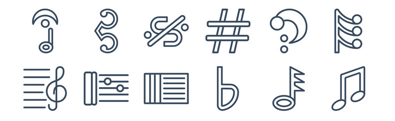 12 pack of icons. thin outline icons such as beam, flat, repeat, octave clef, segno, alto clef for web and mobile apps, logo